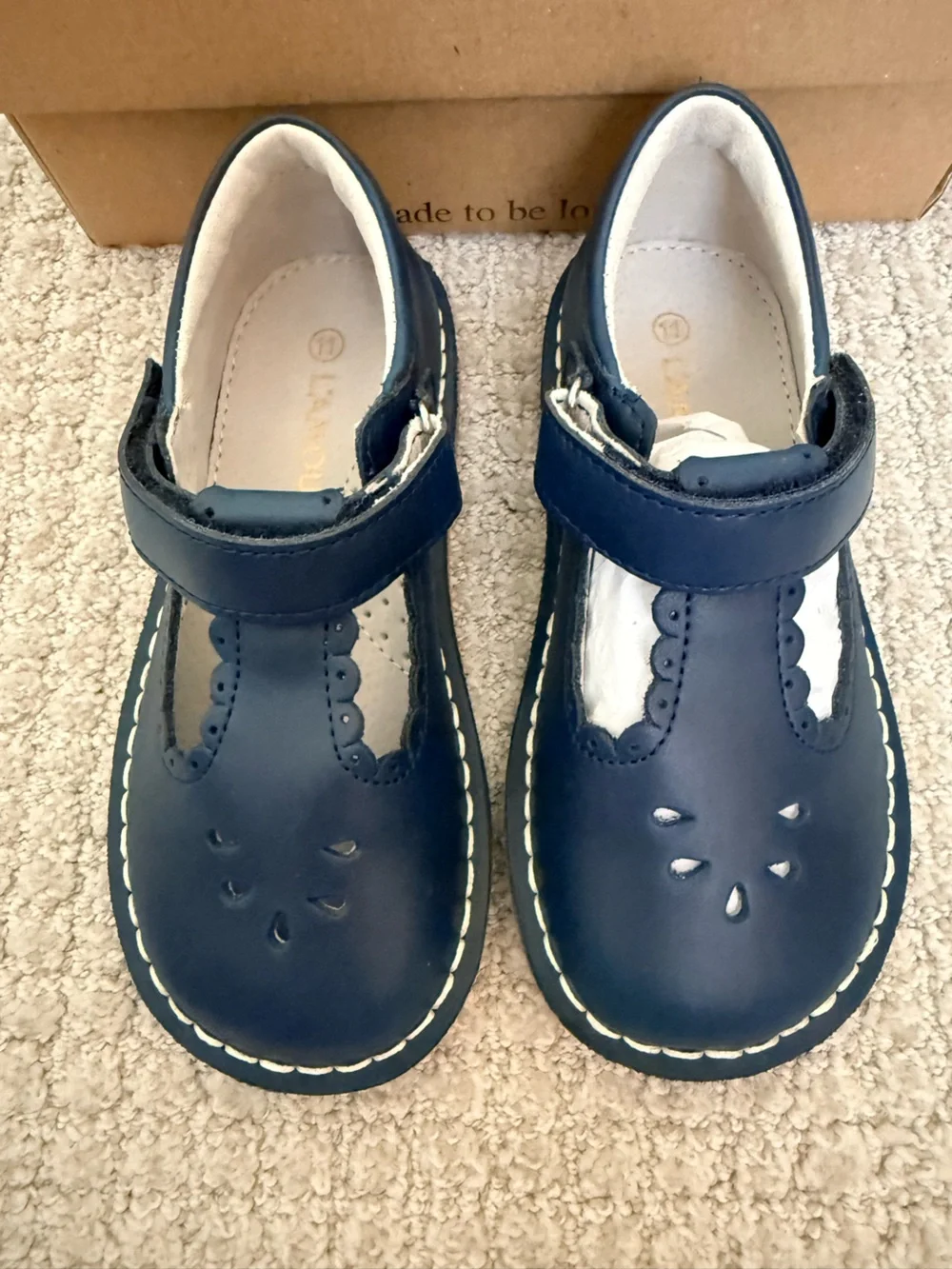 L’AMOUR Navy Mary Jane Kids Shoes - Classic T-Strap with scallops